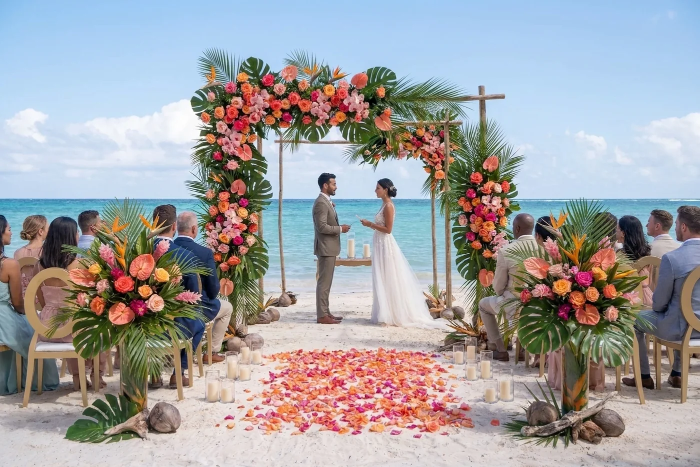 The couple beneath the dressed bamboo structure, turned to each other with the sea behind them