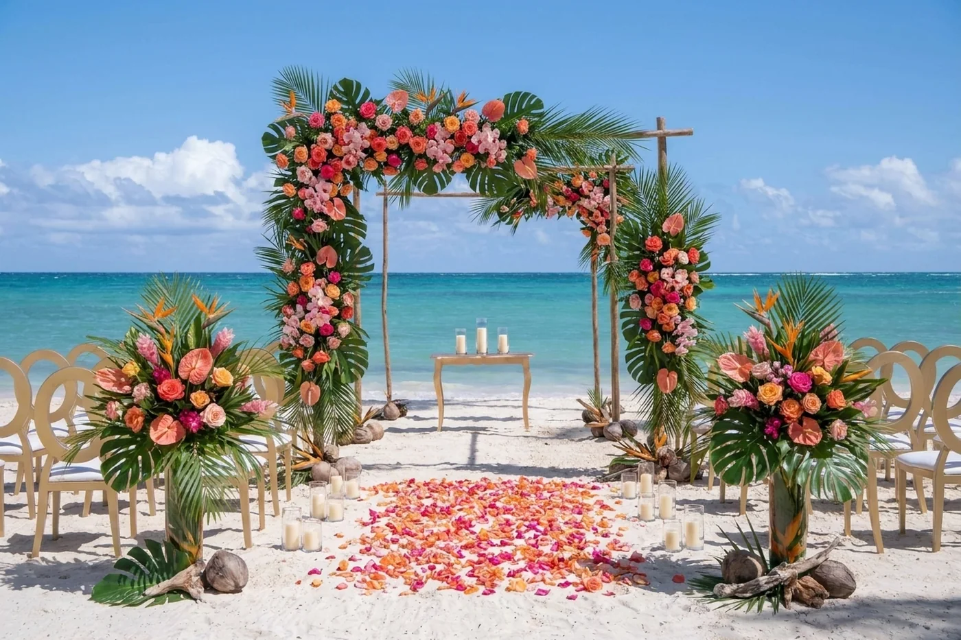 The same beach ceremony dressed by Willow: tropical florals up the bamboo, petals along the sand, candles waiting